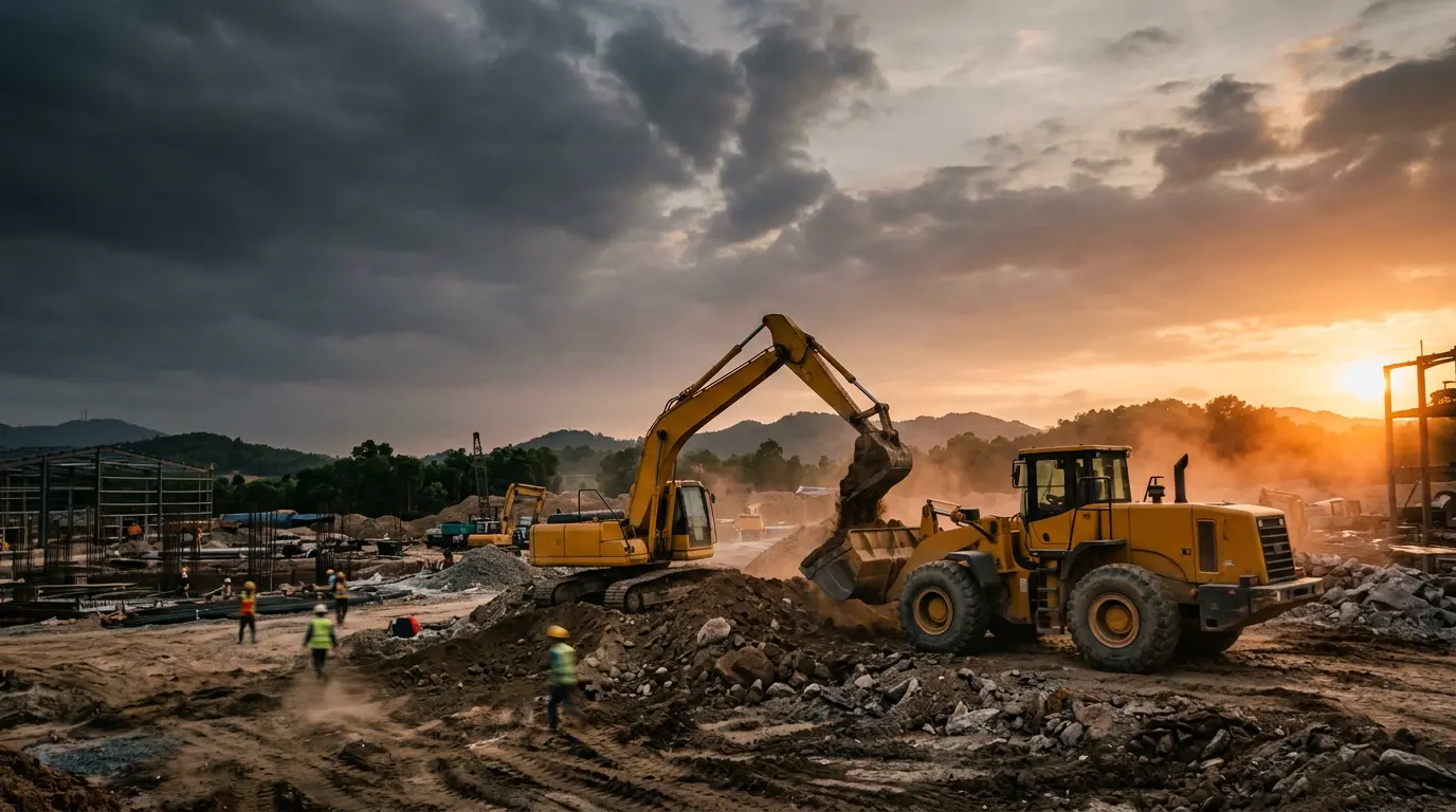 Máy xúc lật và máy xúc đào đang thi công